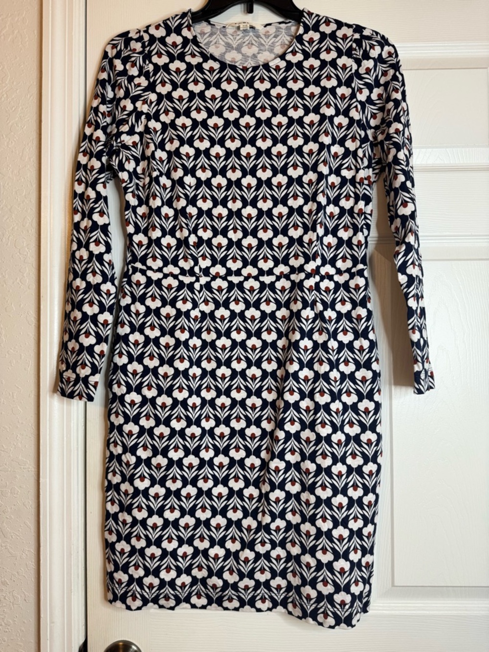 Boden Navy White Floral Midi Dress with Red Accents